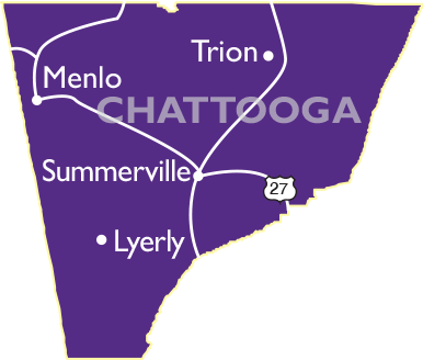 Chattooga County Map showing Menlo, Trion, Sunmmerville, and Lyerly