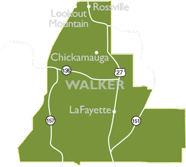 Walker County map showing access to US Highway 27, Lookout Mountain and Chickamauga