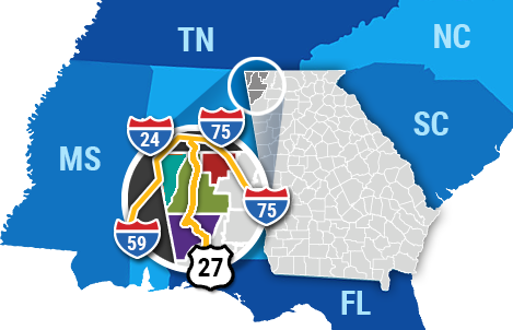 Map of northwest corner of Georgia showing access to Atlanta Nashville and Knoxville using i-75 , i-59 , i-24 and US highway 27