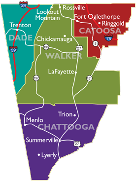 map showing Northwest Georgia’s east access to Atlanta, Birmingham and Nashville International airports