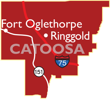 Catoosa County map showing Fort Oglethorpe, Ringgold and I-75 entering from Tennessee